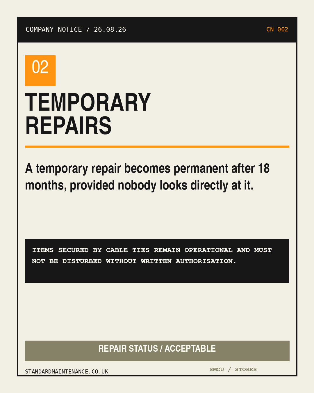 Company Notice CN-002 concerning temporary repairs