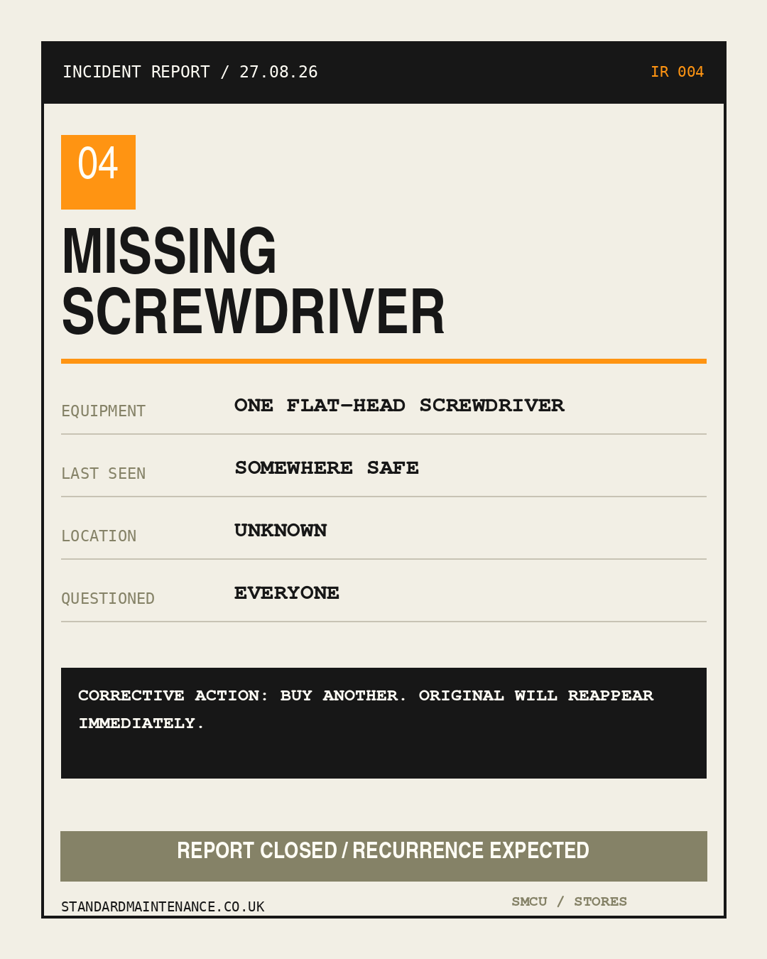Incident Report IR-004 concerning a missing screwdriver