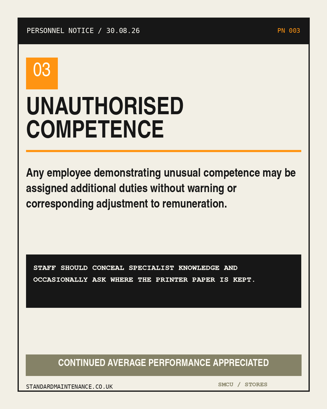 Personnel Notice PN-003 concerning unauthorised competence